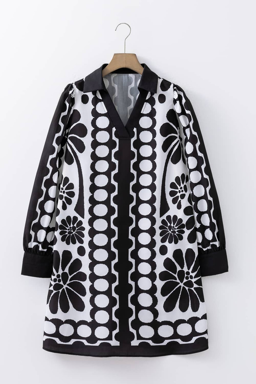 Black Polka Dot Floral Printed V Neck Long Sleeve Shift Mini Dress Black Polka Dot Floral Printed V Neck Long Sleeve Shift Mini Dress