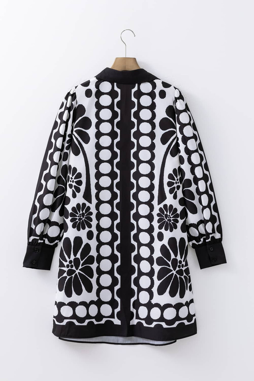 Black Polka Dot Floral Printed V Neck Long Sleeve Shift Mini Dress Black Polka Dot Floral Printed V Neck Long Sleeve Shift Mini Dress