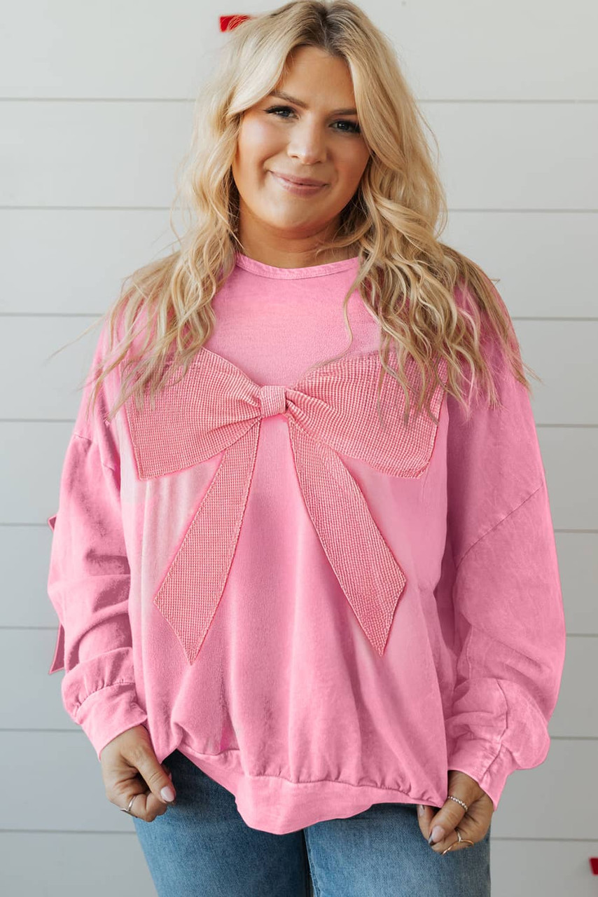 Bonbon Waffle Bowknot Patchwork Graphic Mineral Wash Plus Size Sweatshirt