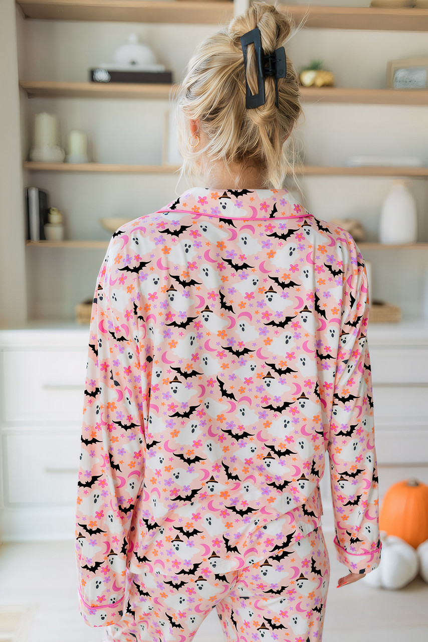 Pink Halloween Eve Haunted Honey Bat Print Pajama Set