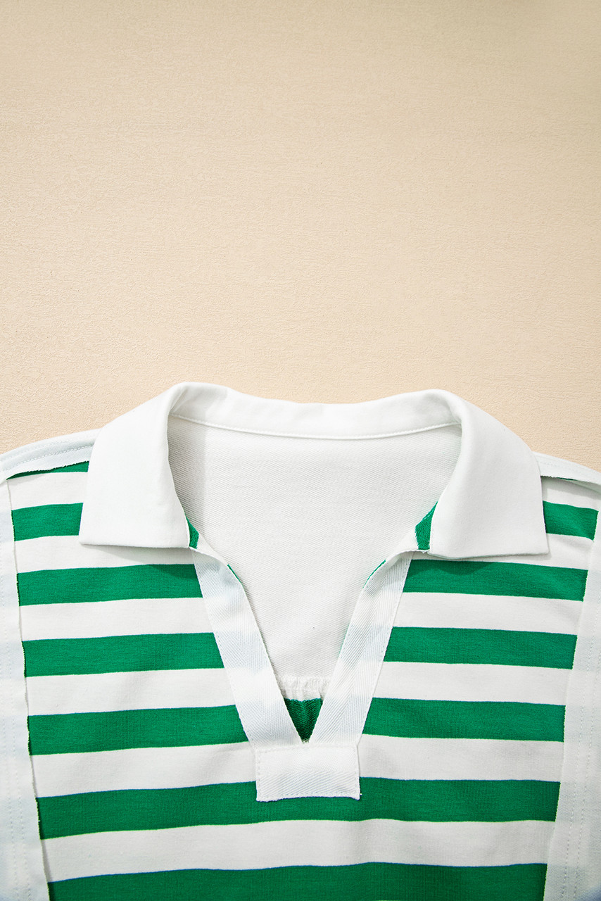 Green Stripe Colorblock Collared V Neck Cropped Knit Pullover