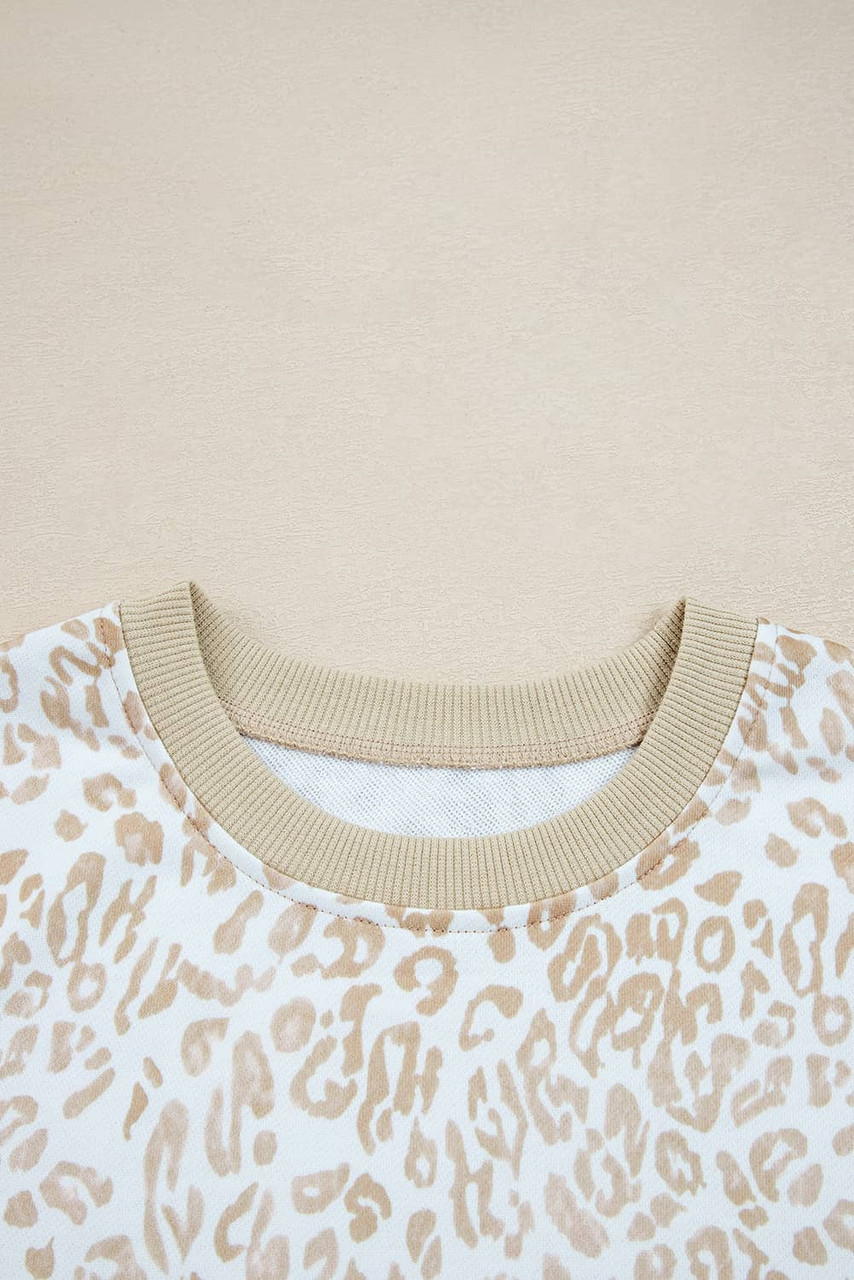 Khaki Leopard Ruffle Detail Ribbed Trim Round Neck Sweatshirt