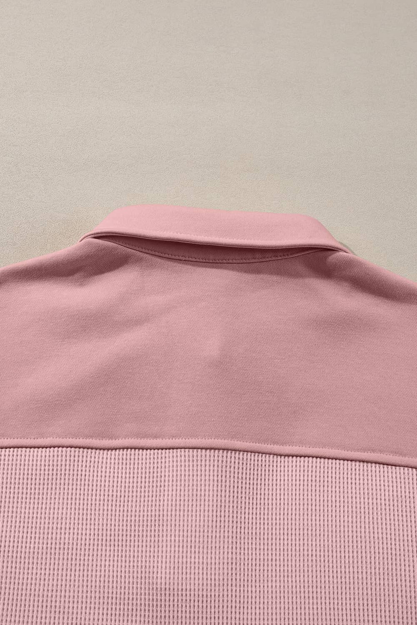 Light Pink Solid Color Long Sleeve Thermal Knit Polo Collar Patchwork Top