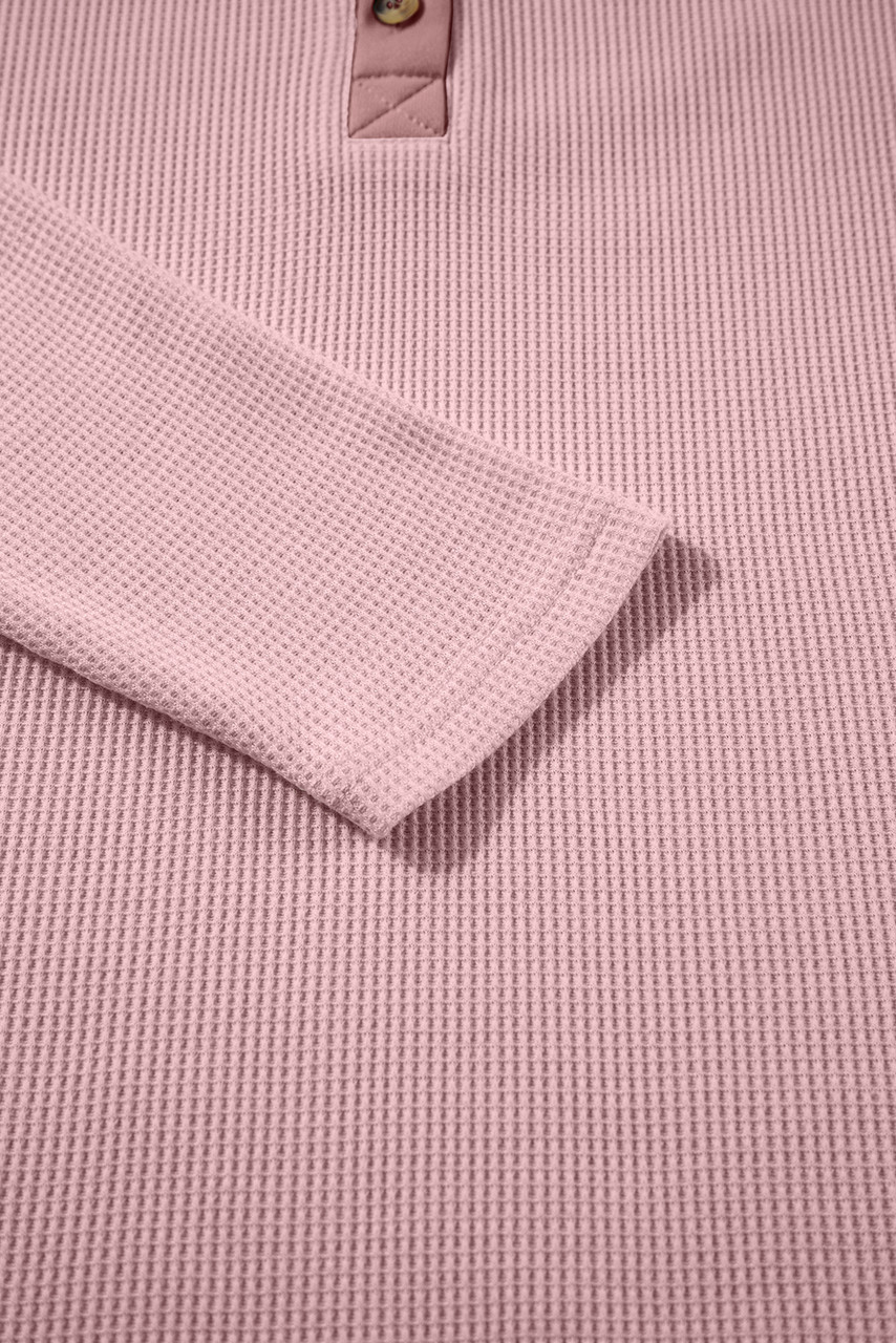 Light Pink Solid Color Long Sleeve Thermal Knit Polo Collar Patchwork Top