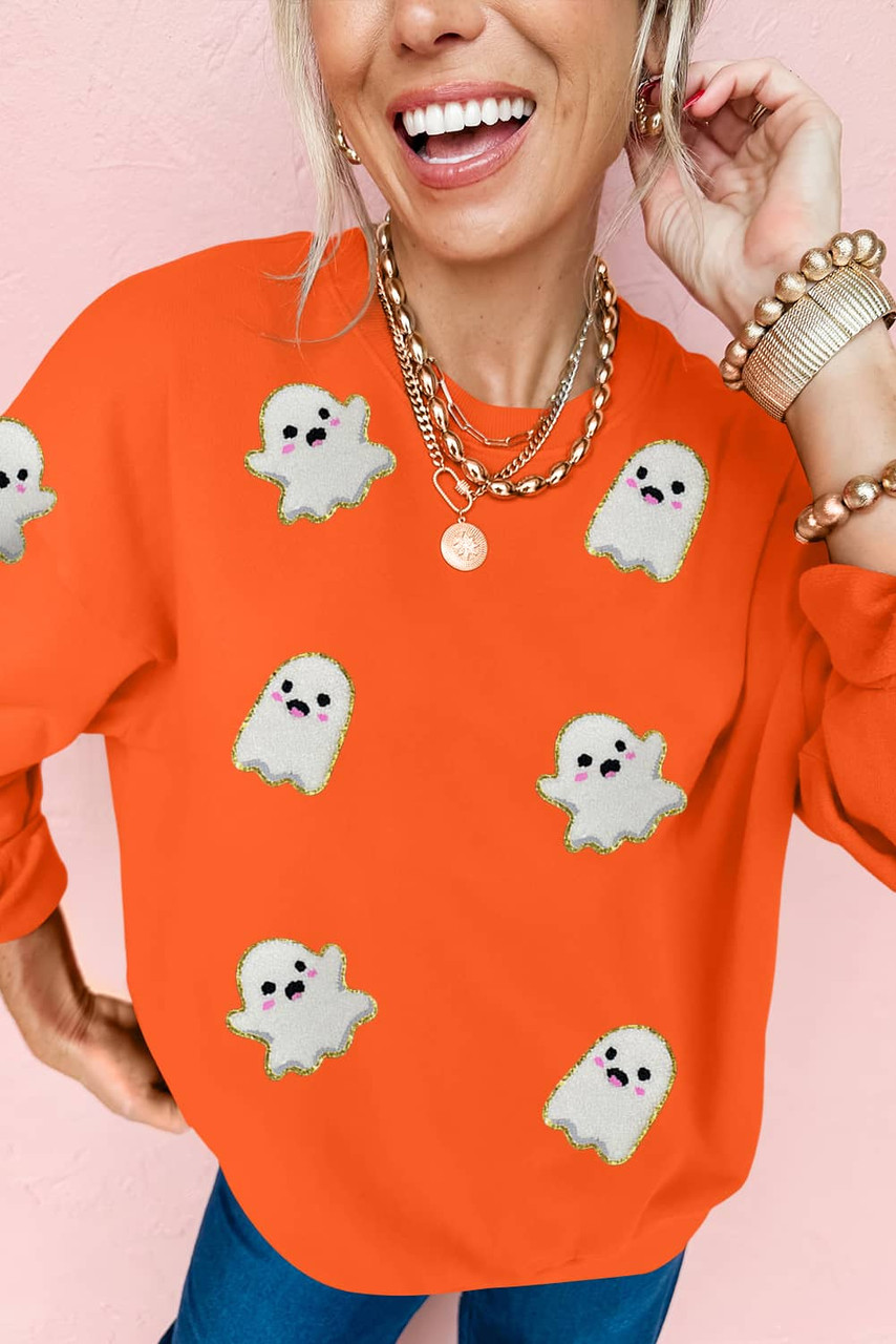 Orange Halloween Ghost Cute Patched Pattern Holiday Sweatshirt