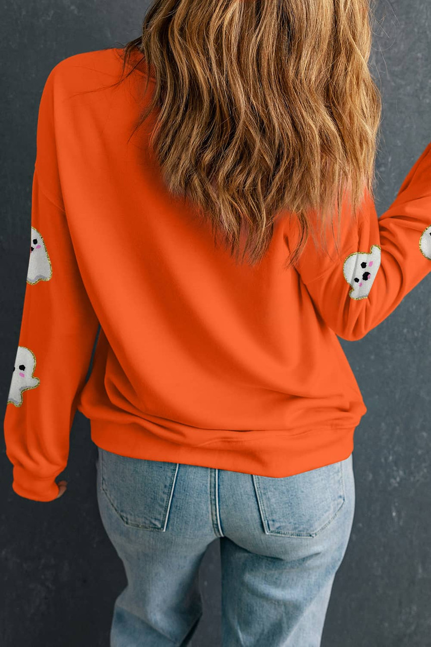 Orange Halloween Ghost Cute Patched Pattern Holiday Sweatshirt
