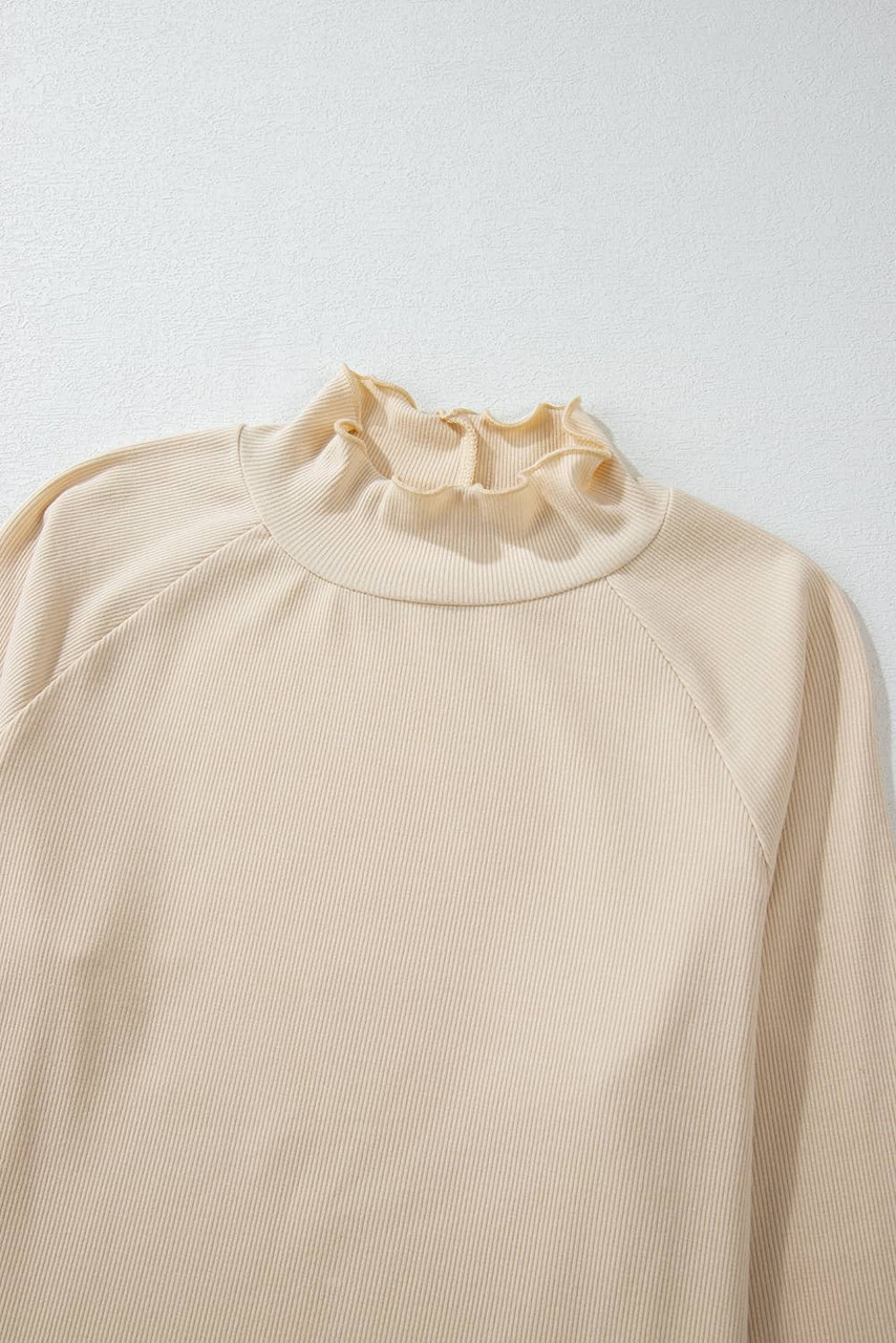 Parchment Ribbed Knit Lettuce Trim High Neck Long Sleeve Top