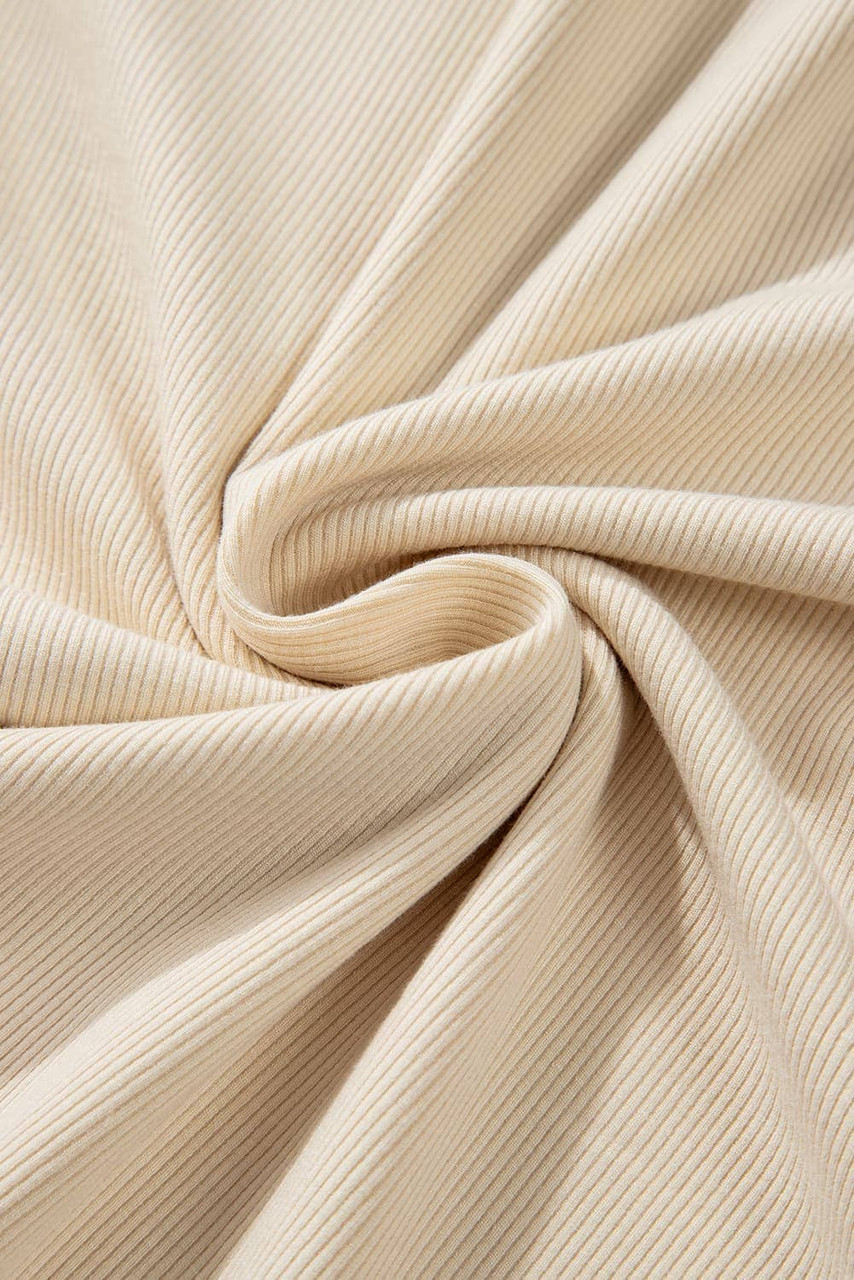 Parchment Ribbed Knit Lettuce Trim High Neck Long Sleeve Top