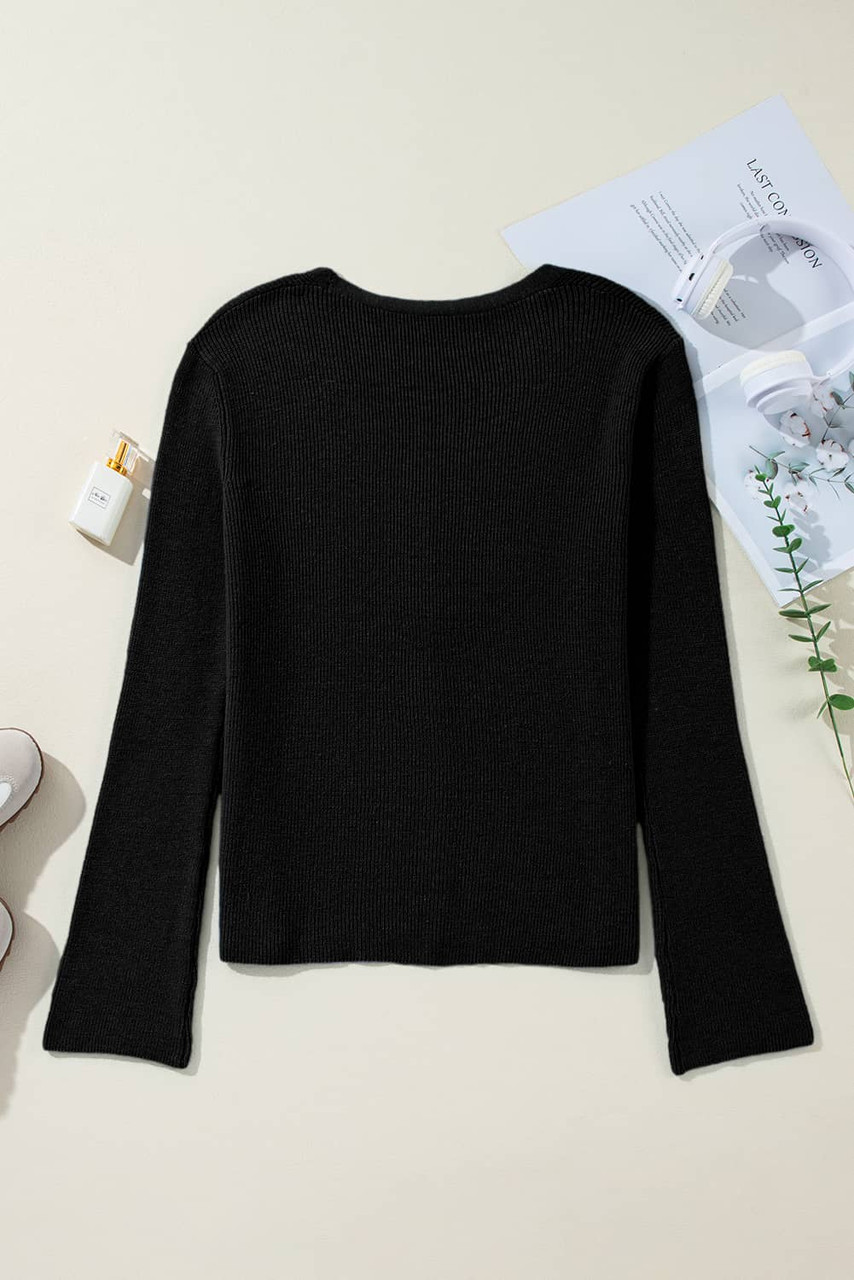 Black Lightweight Ribbed Knit Button Front V Neck Cardigan