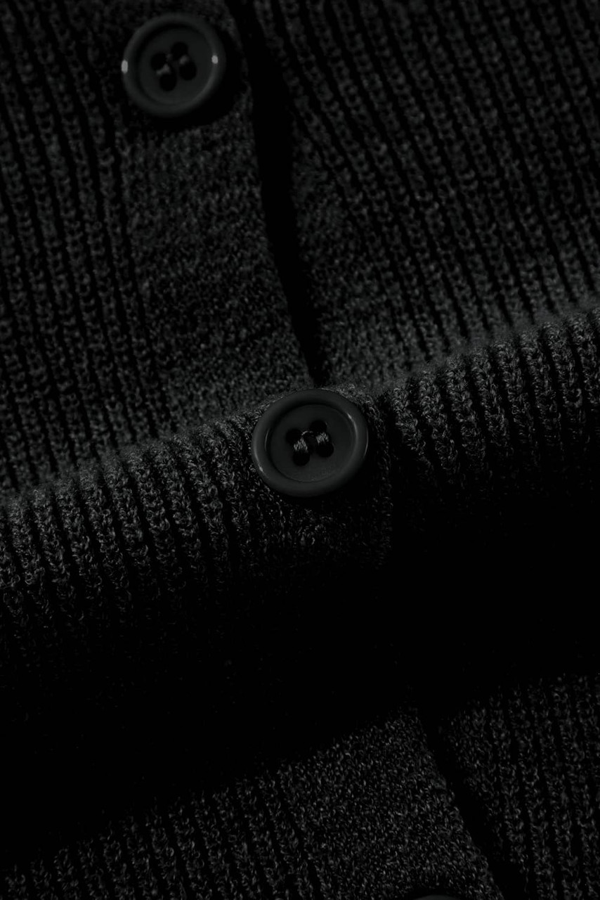 Black Lightweight Ribbed Knit Button Front V Neck Cardigan