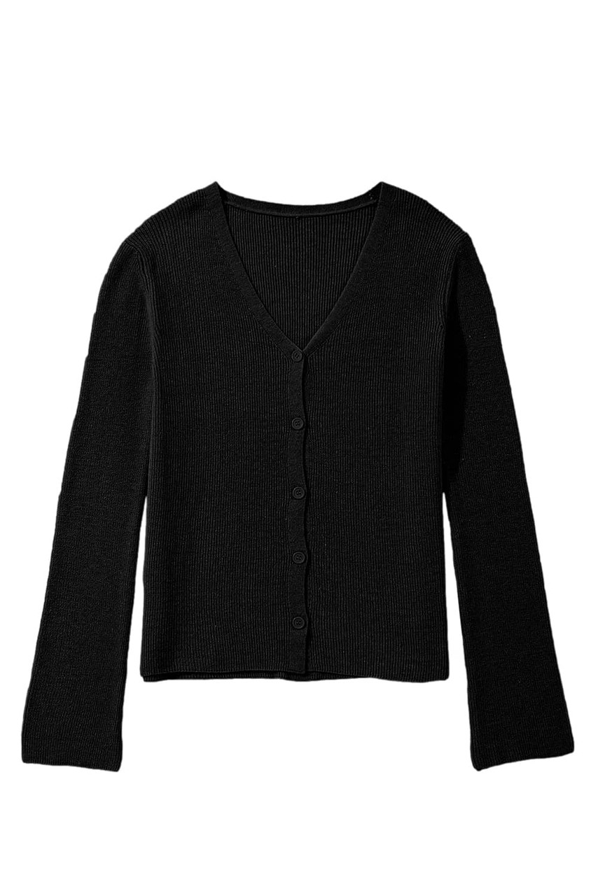 Black Lightweight Ribbed Knit Button Front V Neck Cardigan