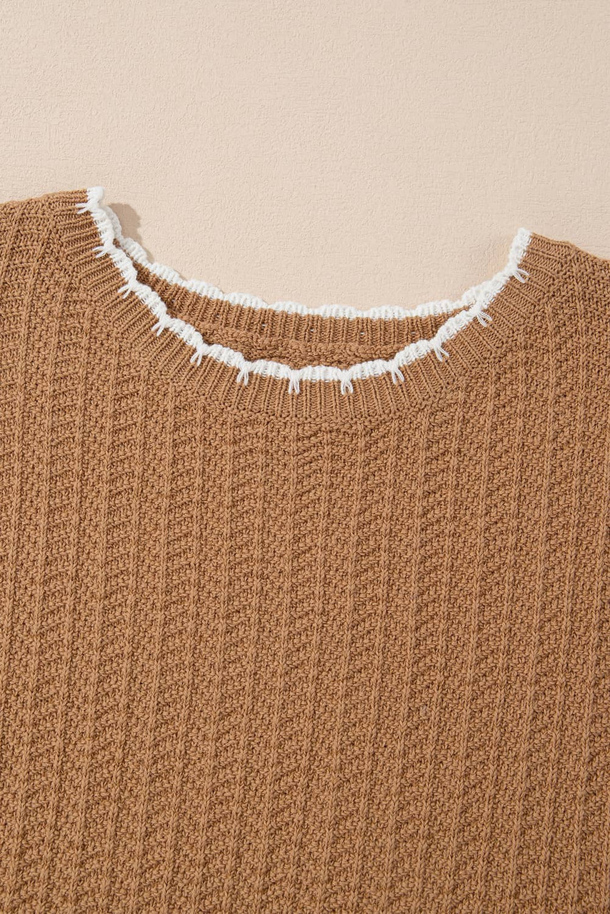 Camel Contrast Trim Boxy Fit Knit Short Sleeve Sweater Top