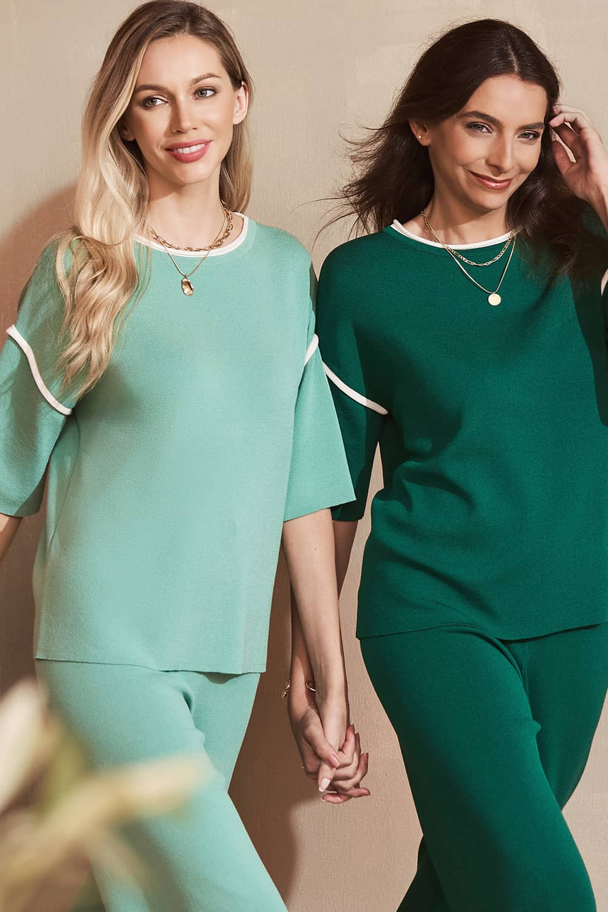 Canton Contrast Trim Half Sleeve Top Drawstring Pants Loose 2pcs Sweater Suit