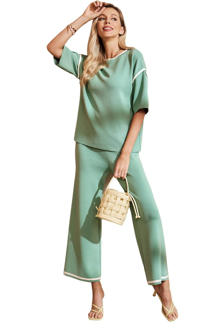 Canton Contrast Trim Half Sleeve Top Drawstring Pants Loose 2pcs Sweater Suit