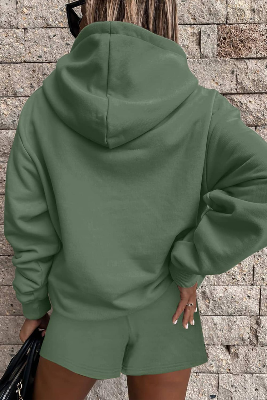 Mist Green Button Drawstring Hooded Pullover and Casual Short Set
