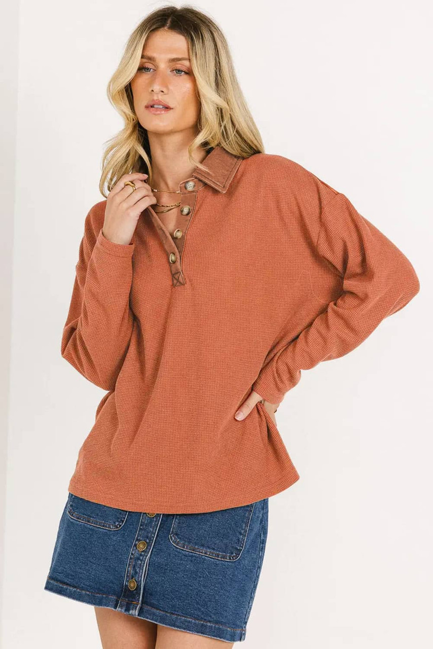 Gold Flame Solid Color Long Sleeve Thermal Knit Polo Collar Patchwork Top