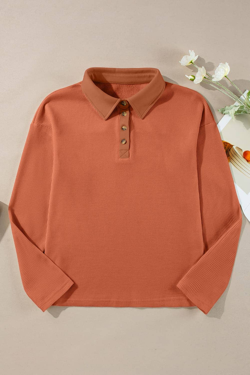 Gold Flame Solid Color Long Sleeve Thermal Knit Polo Collar Patchwork Top