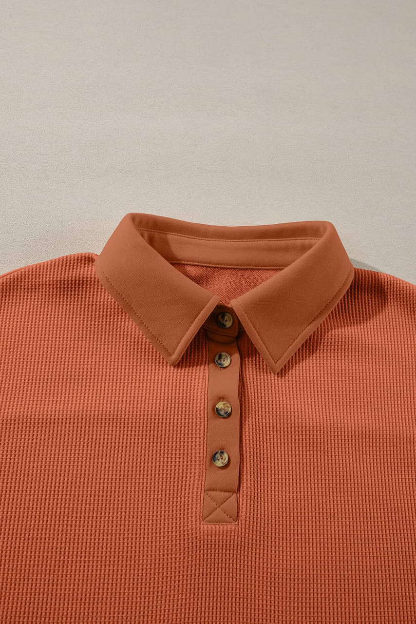 Gold Flame Solid Color Long Sleeve Thermal Knit Polo Collar Patchwork Top