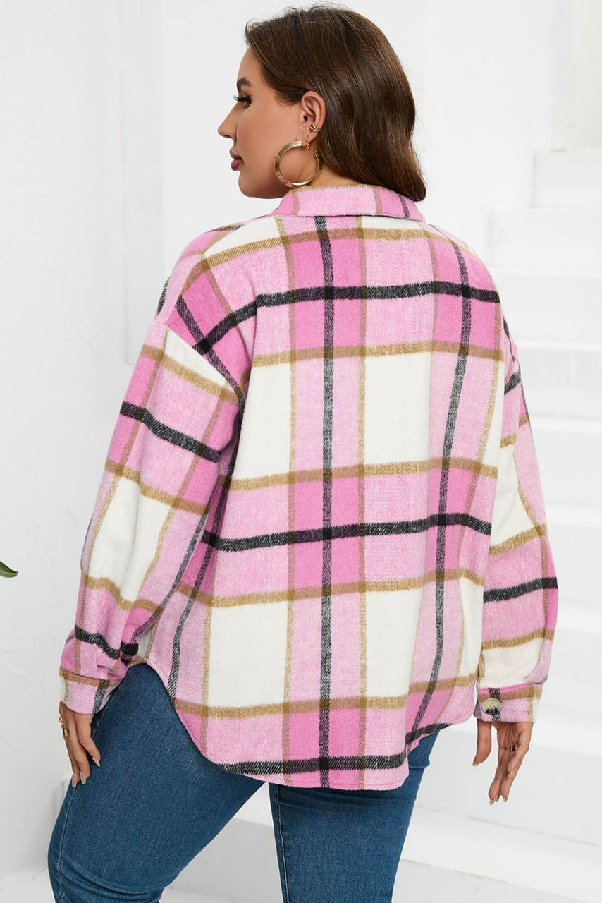 Pink Plaid Color Block Buttoned Long Sleeve Jacket with Pocket