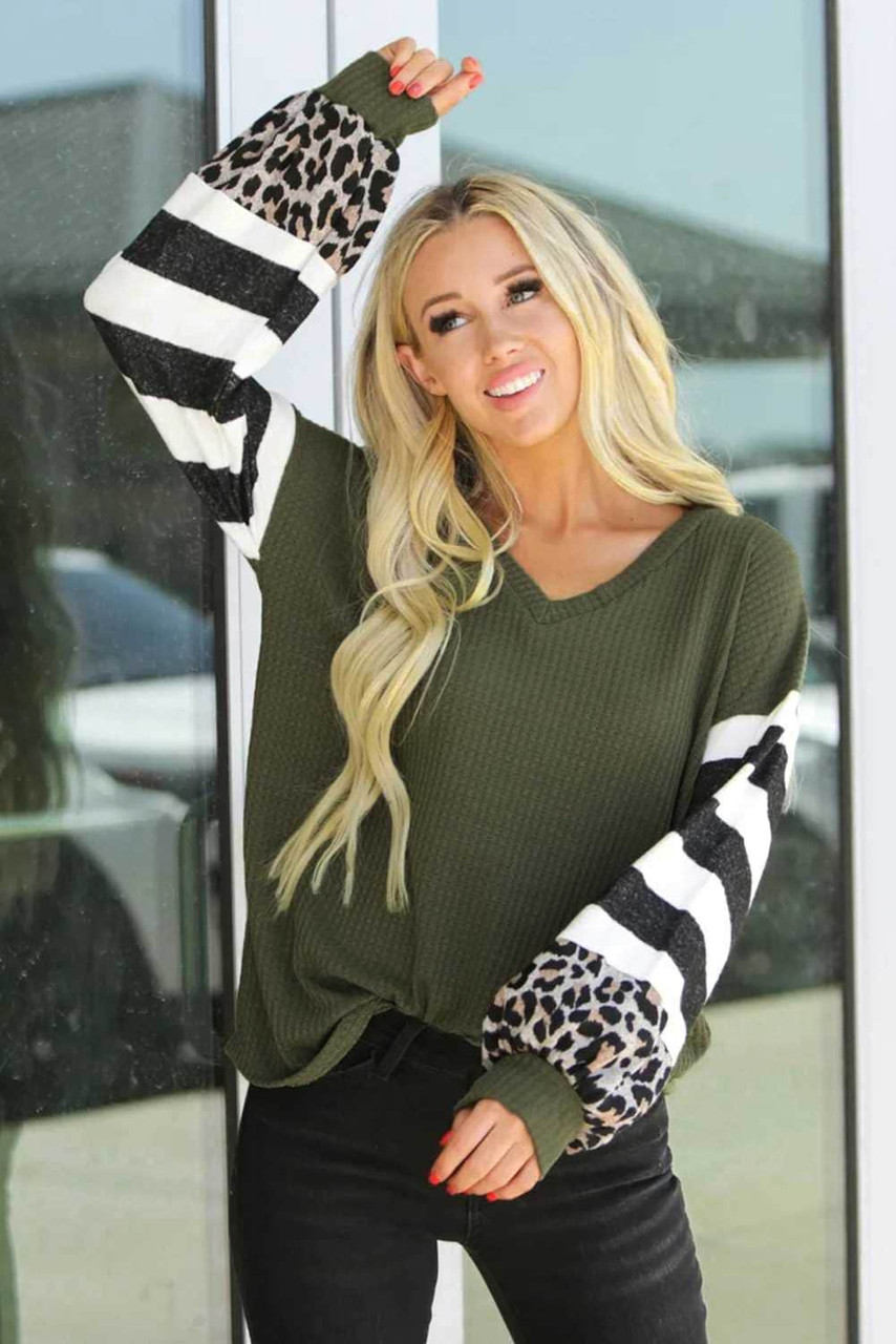 V Neck Leopard Stripe Splice Lantern Sleeve Top