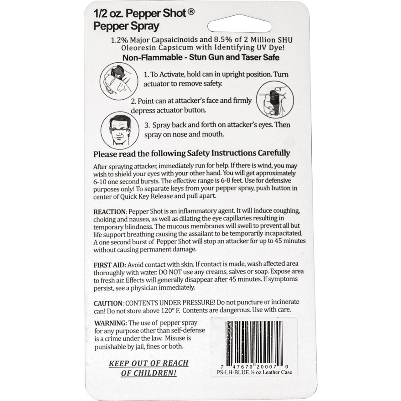 Pepper Shot 1.2% MC 1/2 oz pepper spray leatherette holster and quick release keychain blue