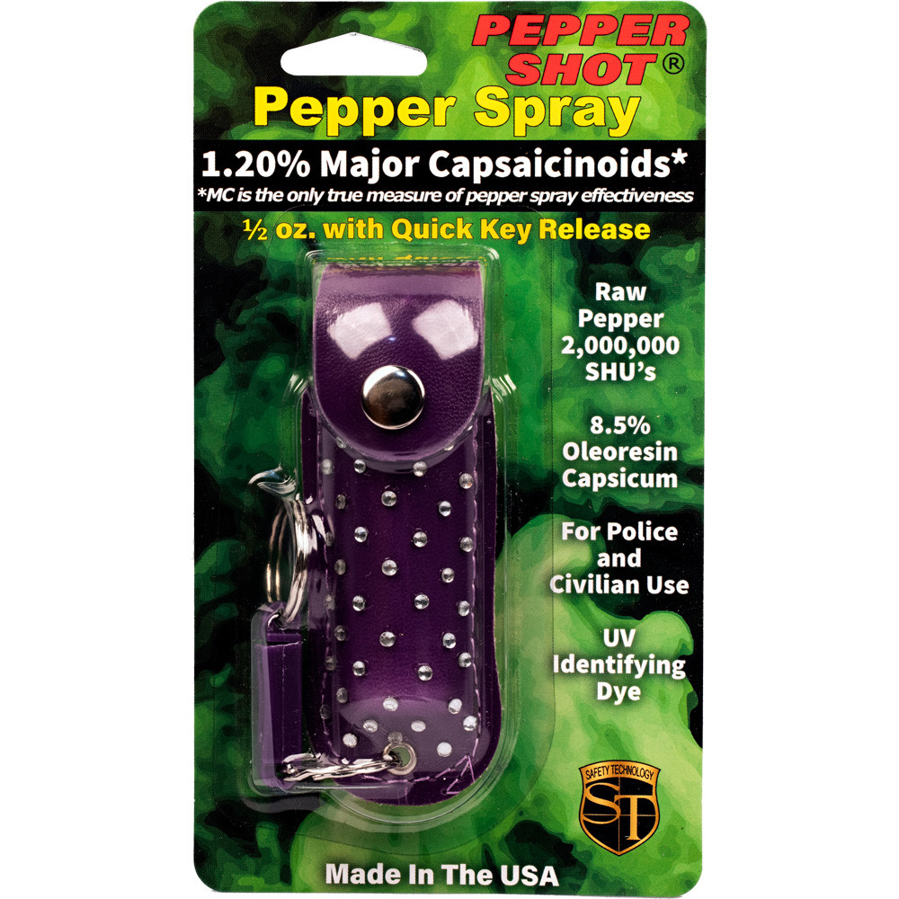 Pepper Shot 1.2% MC 1/2 oz rhinestone leatherette holster and quick release keychain purple