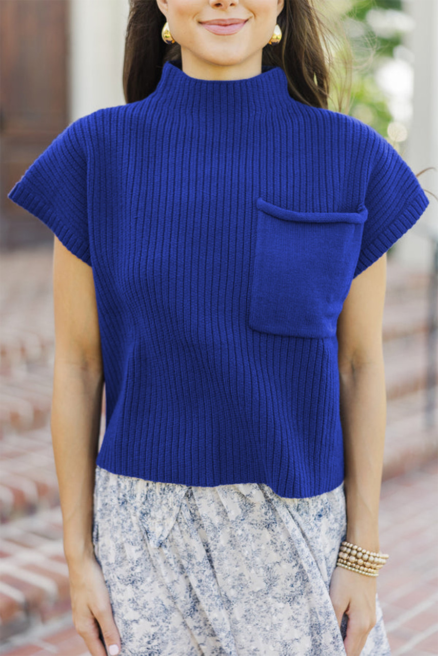 Dark Blue Patch Pocket Ribbed Knit Short Sleeve Sweater