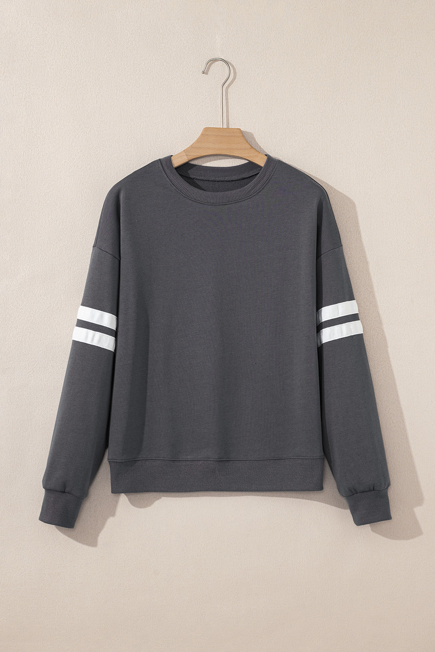 Dark Grey Varsity Striped Detail Drop Shoulder Oversized Sweatshirt