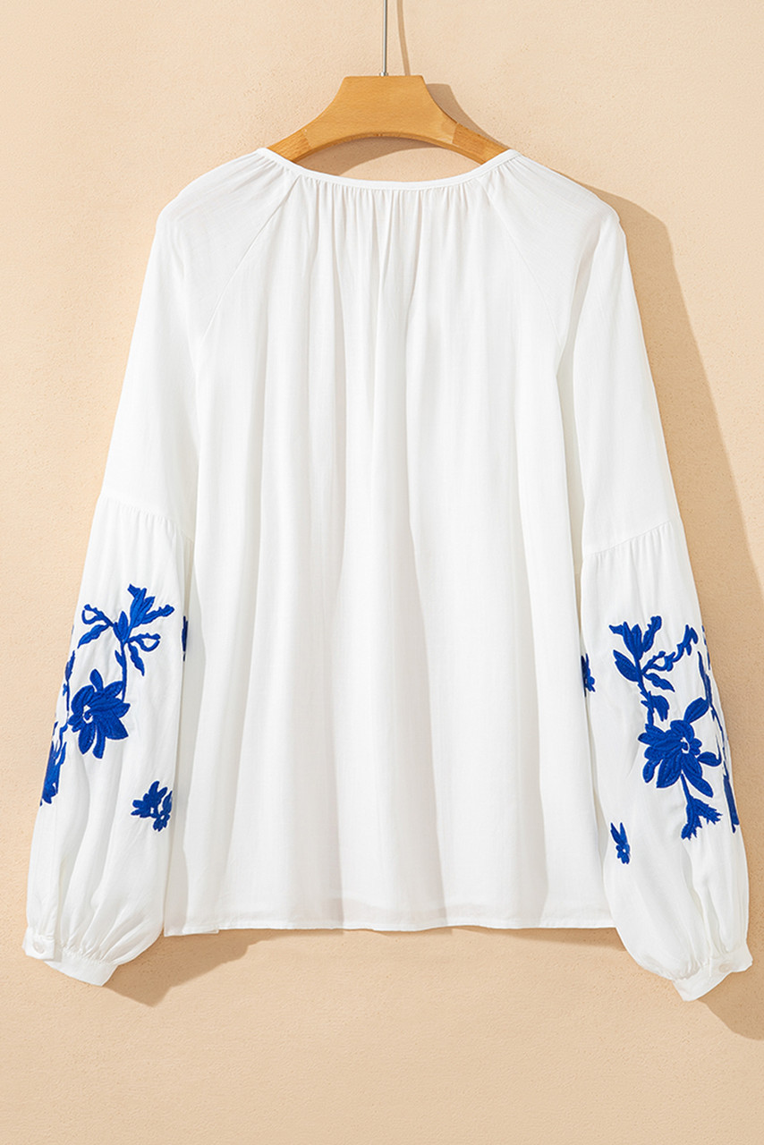 White Floral Embroidered Drawstring V Neck Blouse