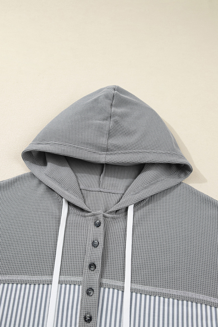 Gray Mixed Pattern Waffle Knit Patchwork Half Buttons Plus Hooded Top