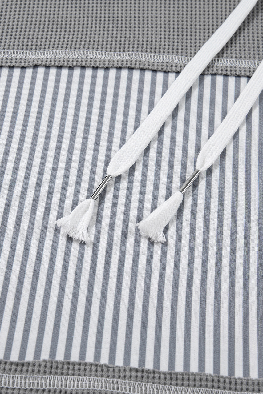 Gray Mixed Pattern Waffle Knit Patchwork Half Buttons Plus Hooded Top