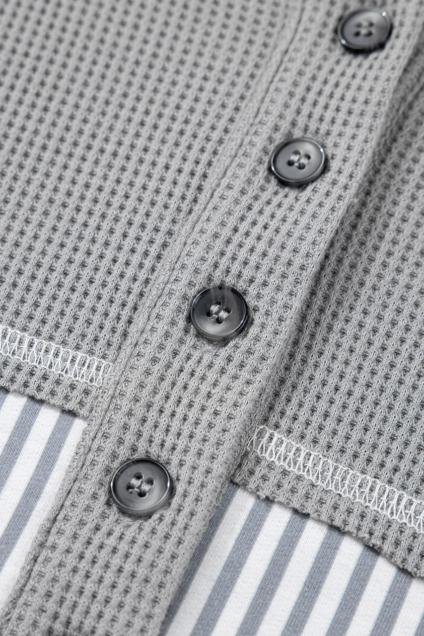 Gray Mixed Pattern Waffle Knit Patchwork Half Buttons Plus Hooded Top