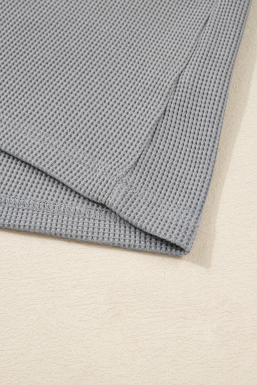 Gray Mixed Pattern Waffle Knit Patchwork Half Buttons Plus Hooded Top