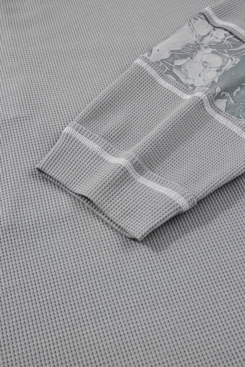 Gray Mixed Pattern Waffle Knit Patchwork Half Buttons Plus Hooded Top