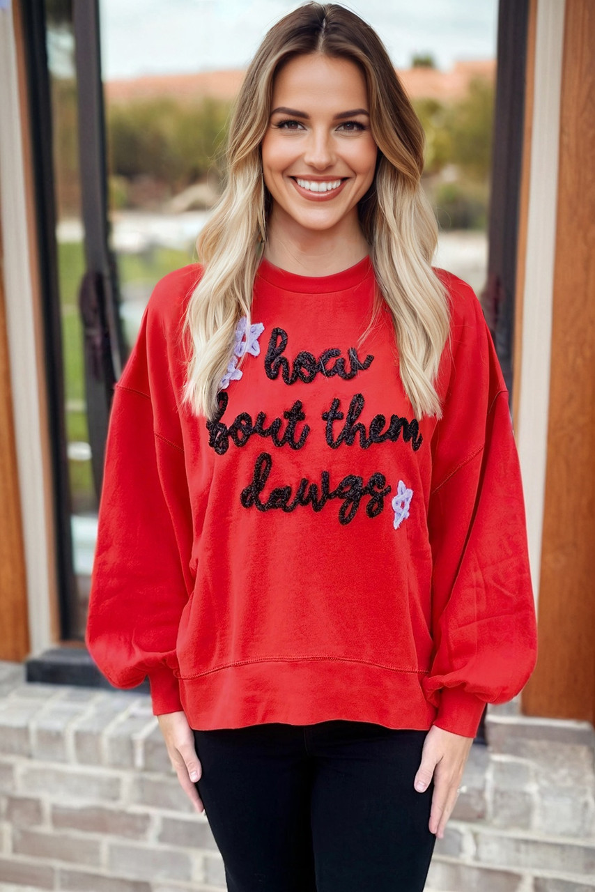Fiery Red How Bout Them Dawgs Embroidered Script Balloon Sleeve Sweatshirt