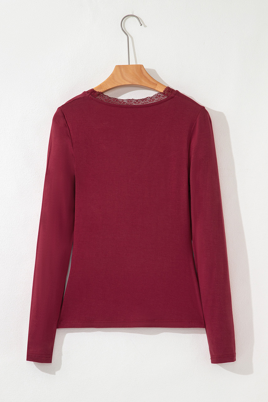 Red Dahlia Lace-trimmed Sweetheart Neckline Ruched Detail Long Sleeve T-shirt