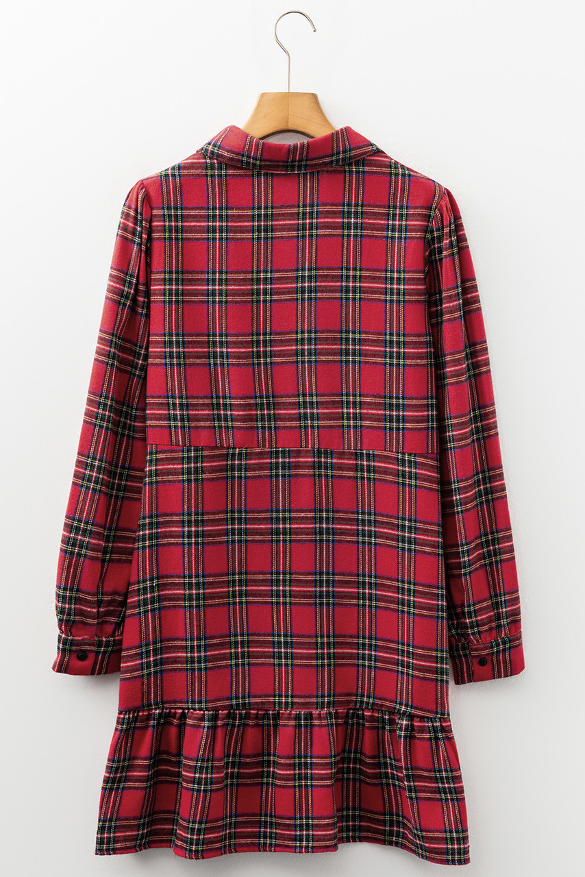 Red Plaid Shirt Collar Half Button Ruffle Hem Long Sleeve Mini Dress