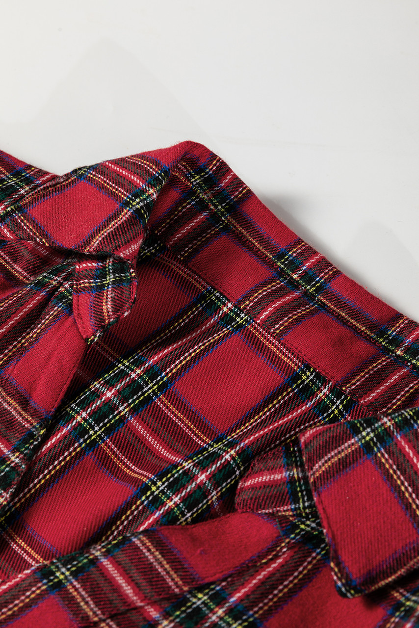 Red Plaid Shirt Collar Half Button Ruffle Hem Long Sleeve Mini Dress