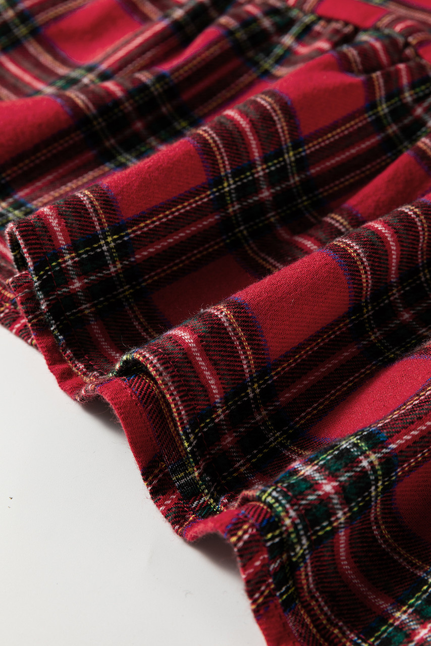 Red Plaid Shirt Collar Half Button Ruffle Hem Long Sleeve Mini Dress