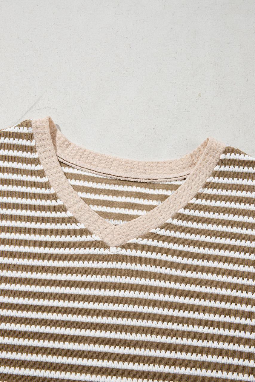 Khaki Stripe Textured Dolman Sleeve High Low Plus Size Top