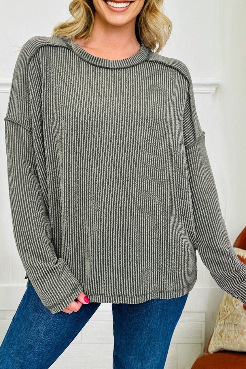 Green Bay Twist Ribbed Exposed Seam Detail Long Sleeve Loose Top