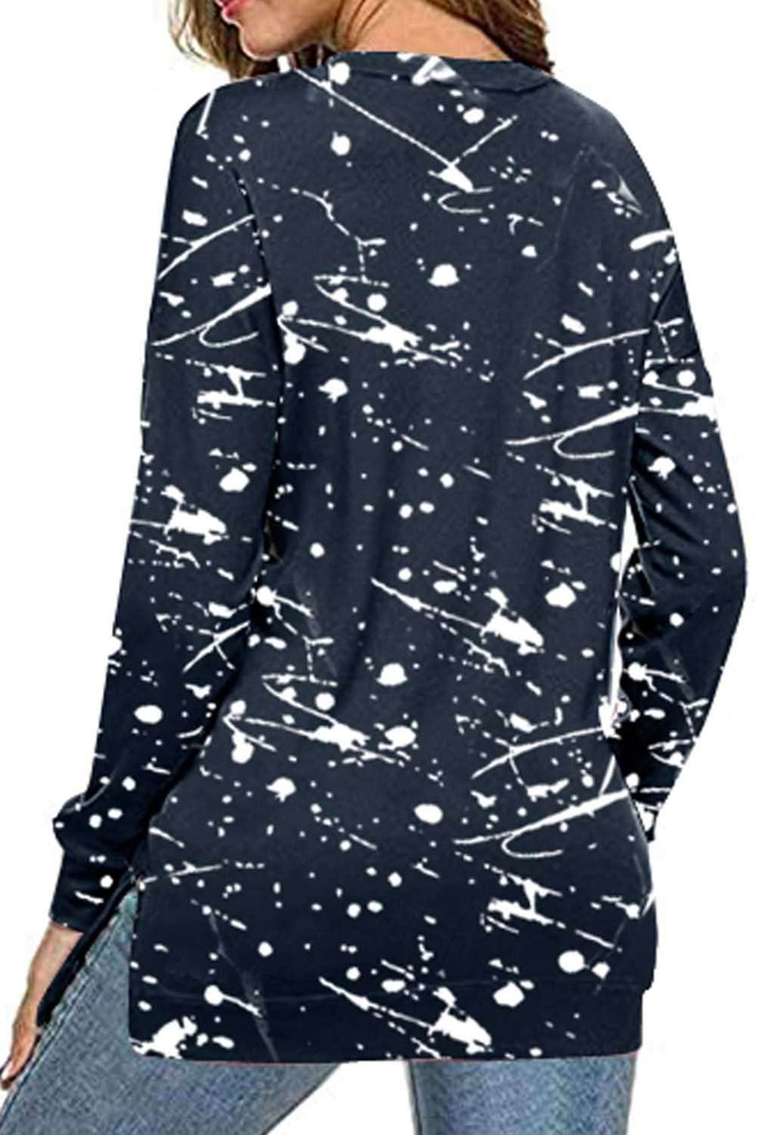 Blue Crew Collar Scrawl Print Long Sleeve Top with Slit