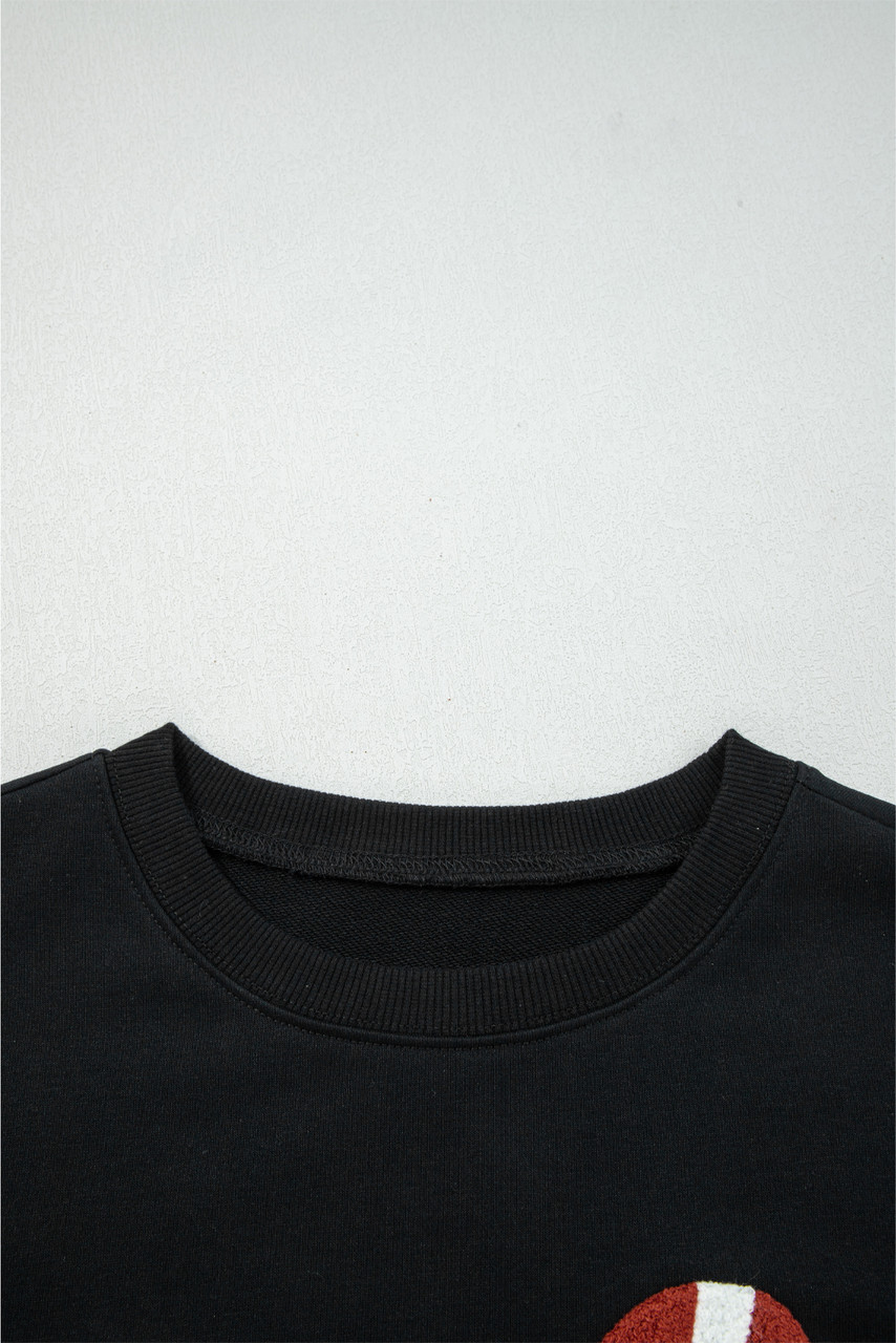 Black Varsity Baseball Bow Graphic Striped Sleeve Baggy Sweatshirt