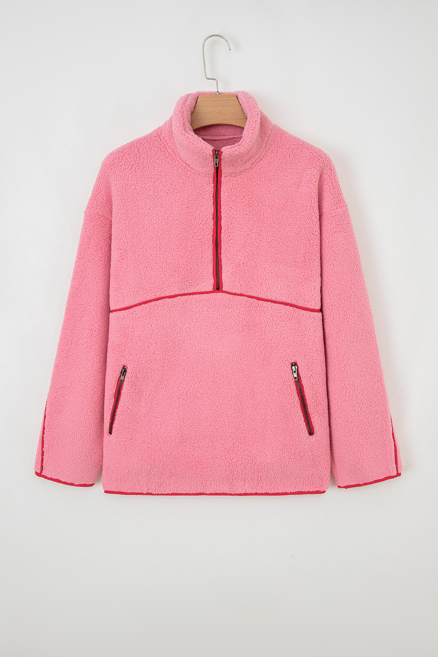 Strawberry Pink Sherpa Contrast Faux Leather Trim Half Zip Pocketed Pullover Sweatshirt