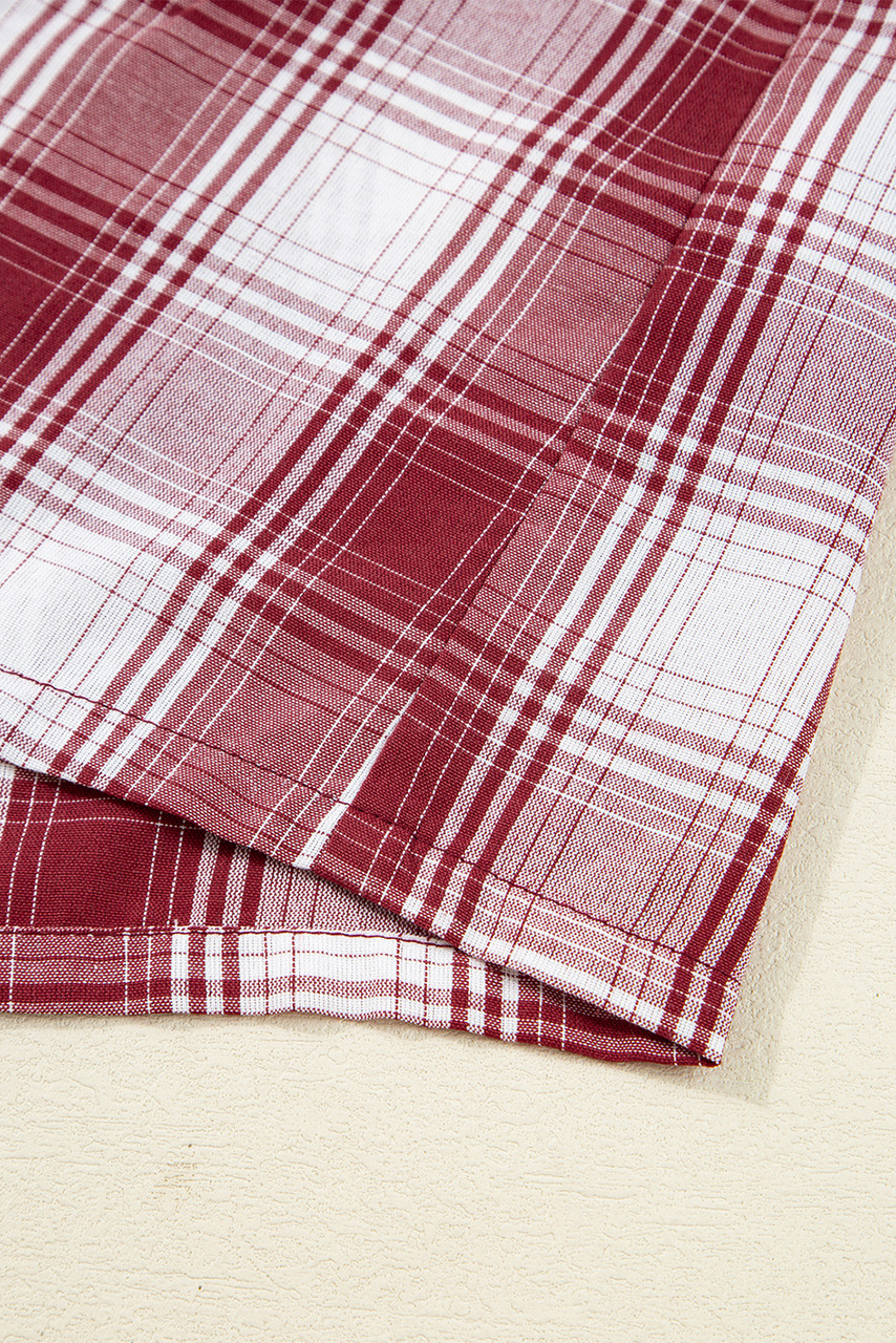 Red Retro Plaid Long Sleeve Shirt Drawstring Shorts 2pcs Lounge Set