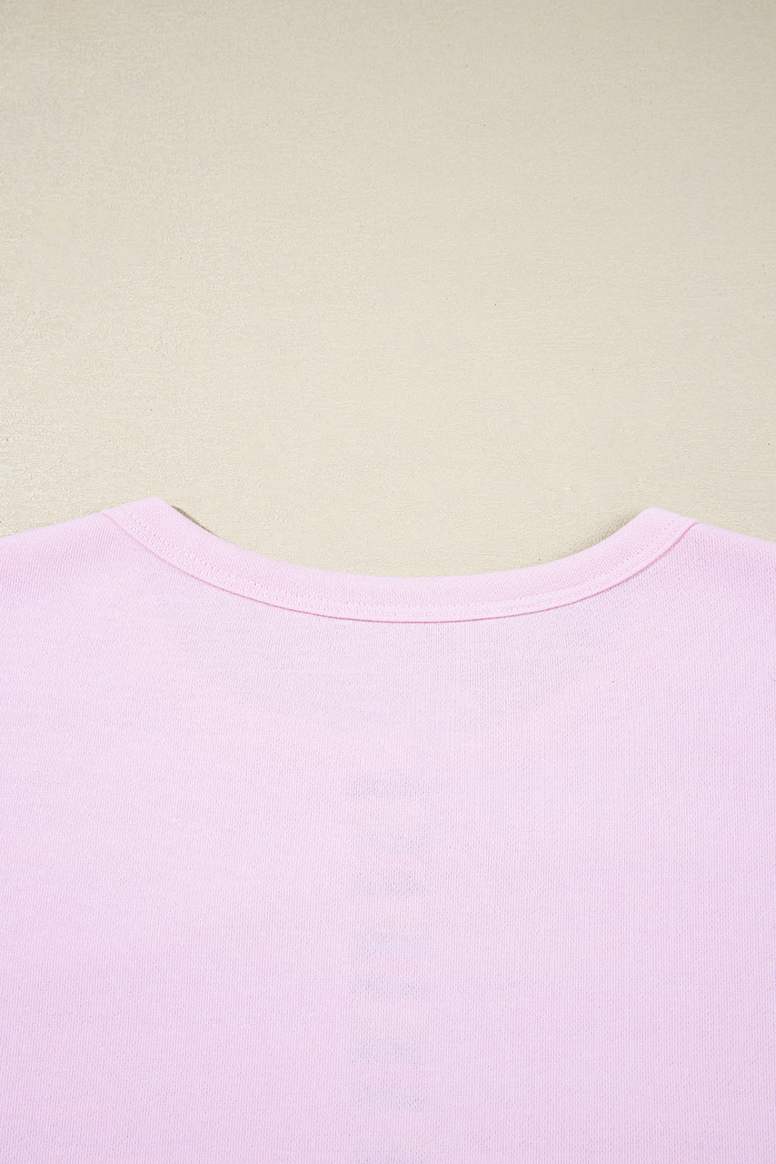 Pink Exposed Seam Color Block Striped Patchwork Loose Henley Sweatshirt