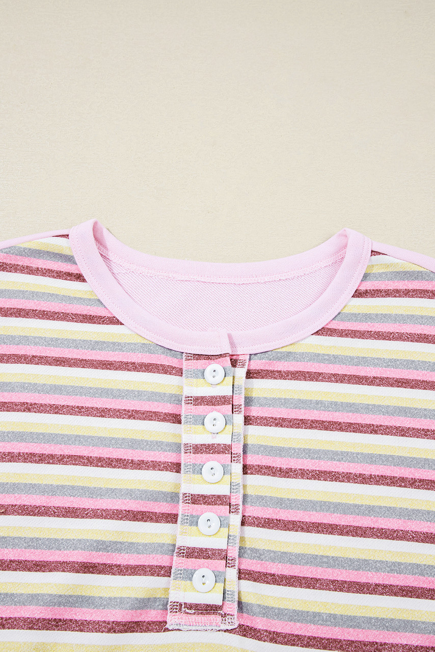 Pink Exposed Seam Color Block Striped Patchwork Loose Henley Sweatshirt