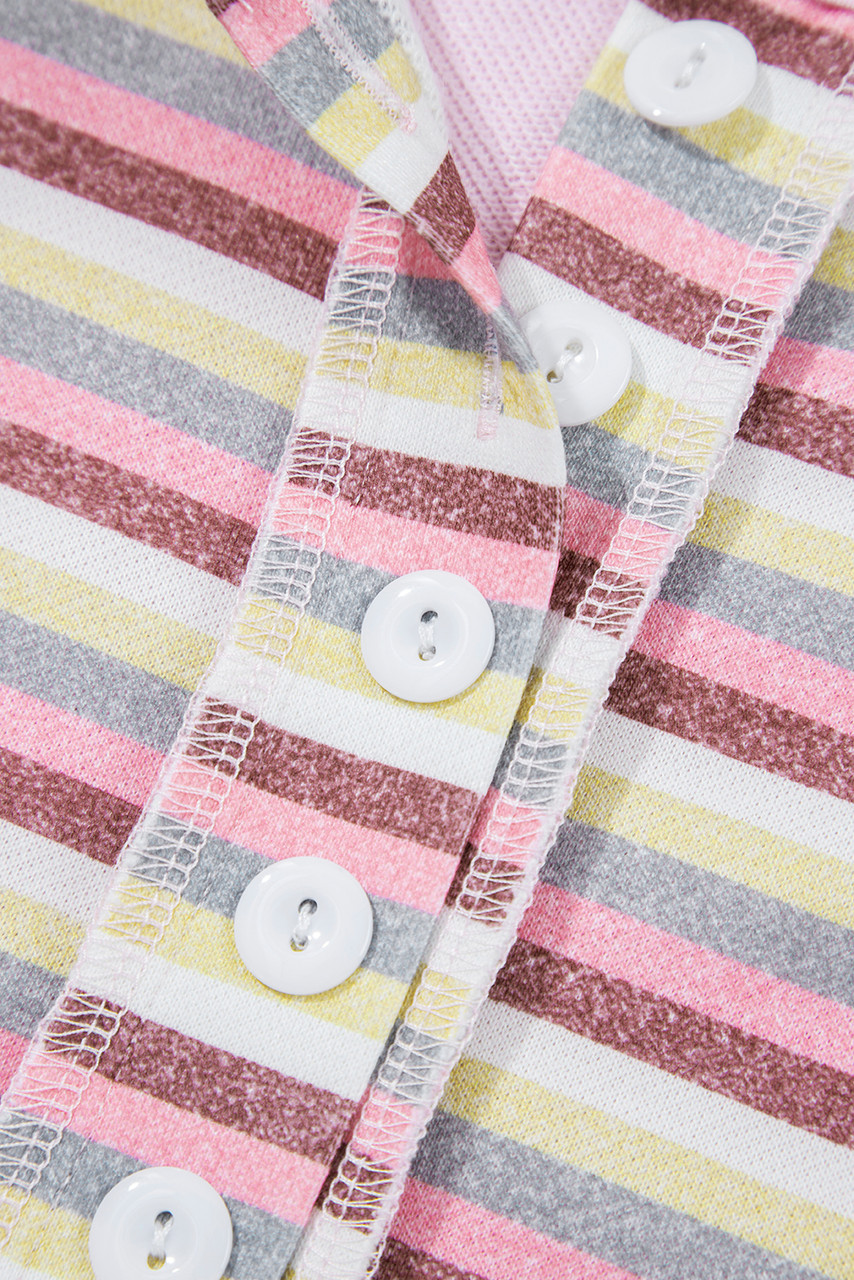 Pink Exposed Seam Color Block Striped Patchwork Loose Henley Sweatshirt