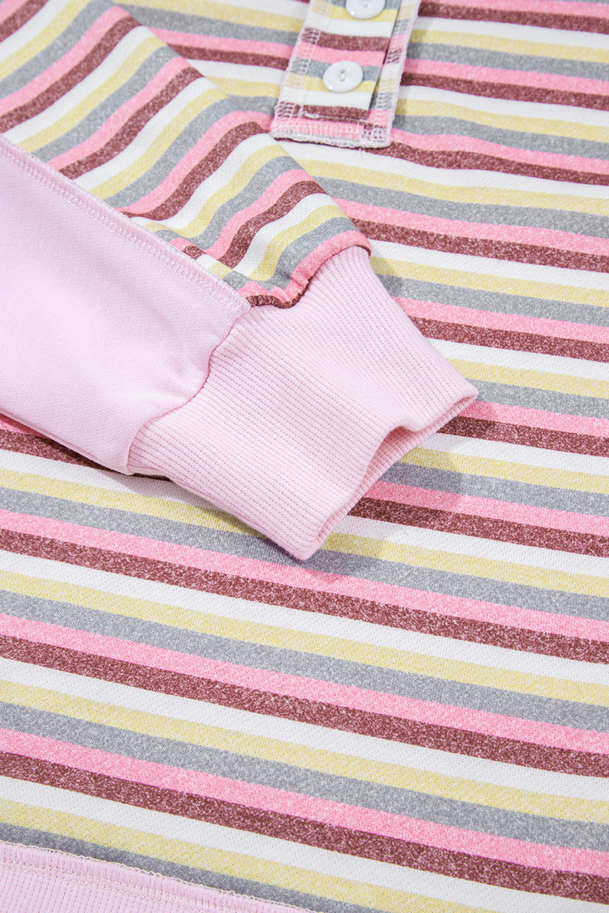 Pink Exposed Seam Color Block Striped Patchwork Loose Henley Sweatshirt