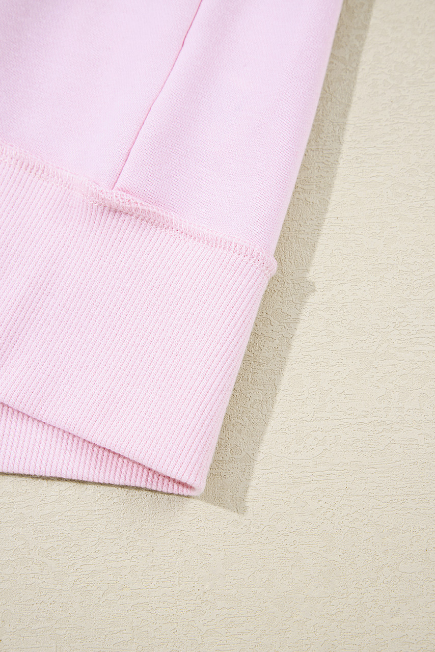 Pink Exposed Seam Color Block Striped Patchwork Loose Henley Sweatshirt